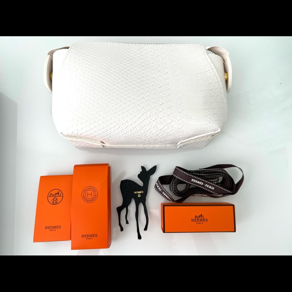 Authentic Hermes rare Bambi leather charm with ribbons & perfume samples